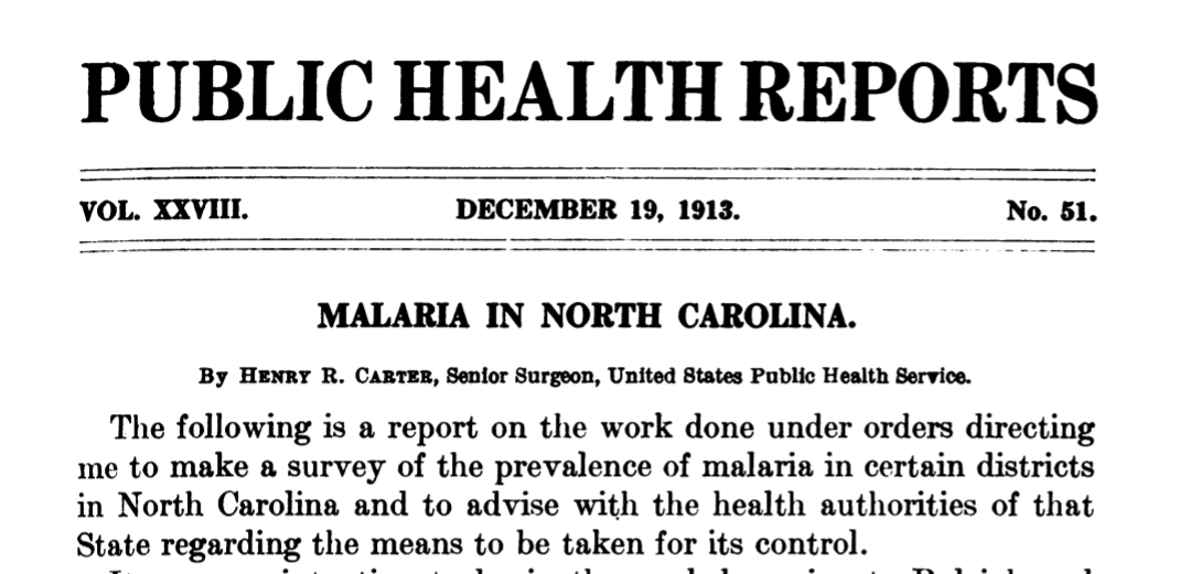 The masthead of a 1913 issue of Public Health Reports with an article titled 'Malaria in North Carolina' by Henry R. Carter of the U.S. Public Health Service.